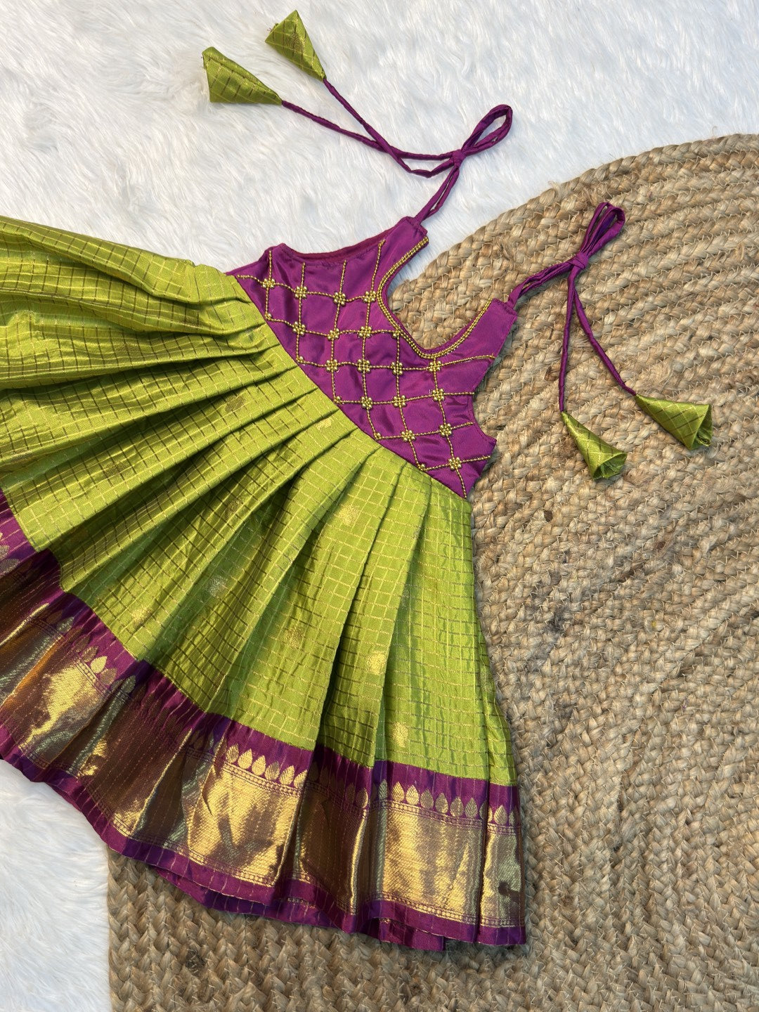 Sendumalli | Green & Dark Magenta Banarasi Semi Katan Silk Full Length Tie-Up Frock | CPM0612
