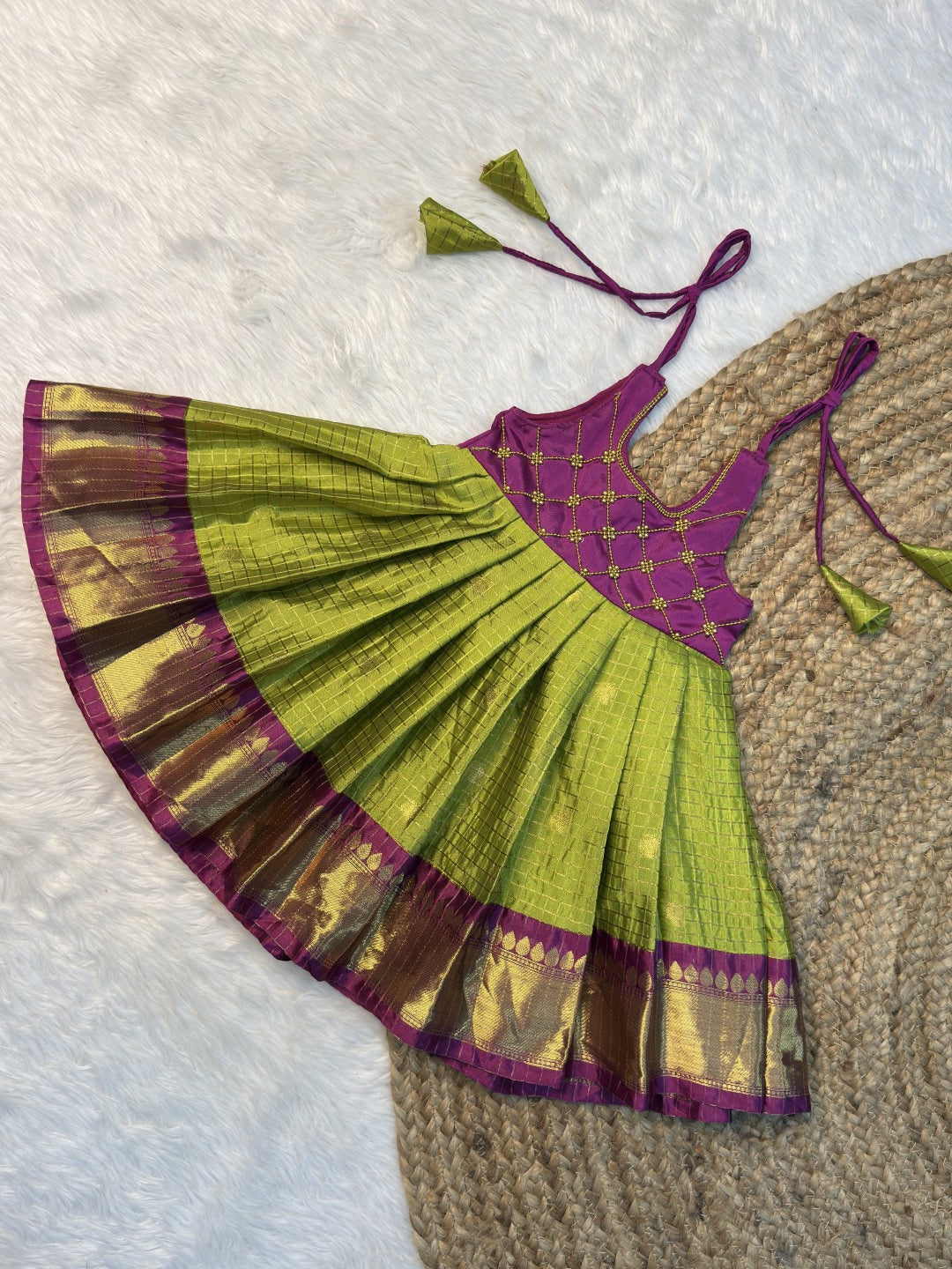 Sendumalli | Green & Dark Magenta Banarasi Semi Katan Silk Full Length Tie-Up Frock | CPM0612