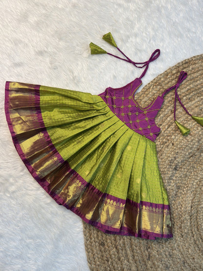 Sendumalli | Green & Dark Magenta Banarasi Semi Katan Silk Full Length Tie-Up Frock | CPM0612