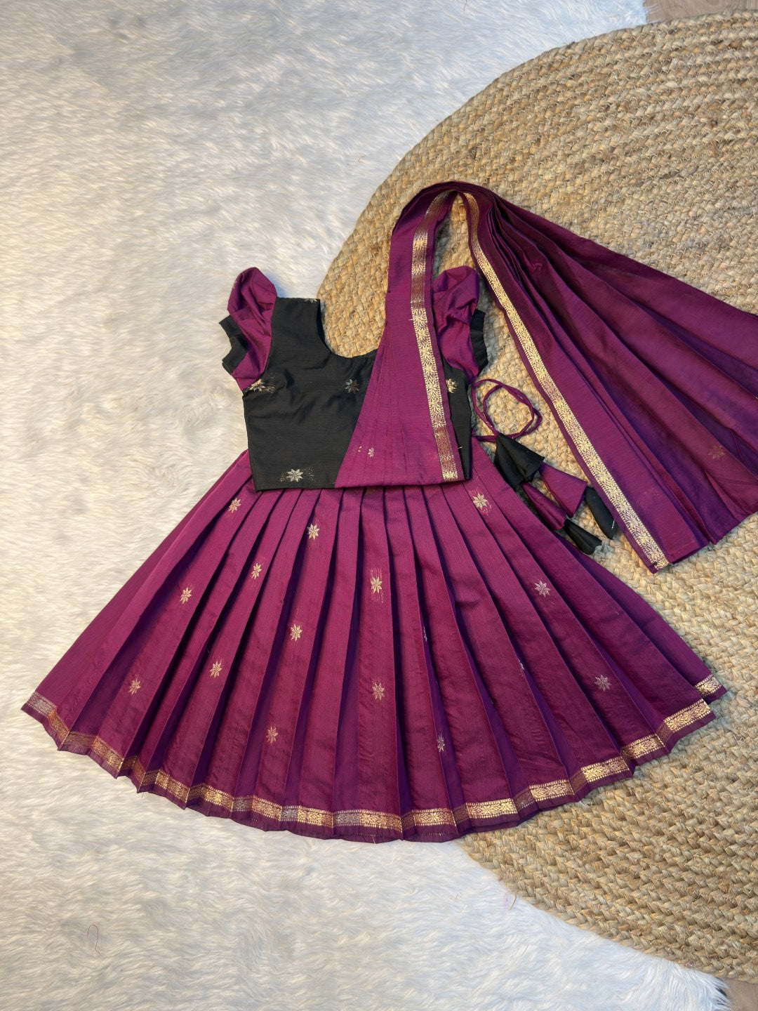 Purple & Black Maheshwari Silk Cotton Half Saree Set with Attached Dupatta | CPM0614 | Ready to dispatch