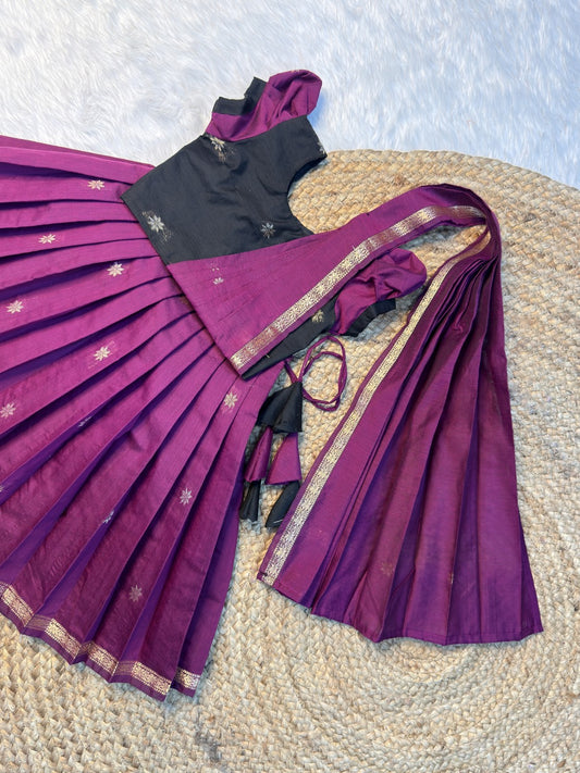 Purple & Black Maheshwari Silk Cotton Half Saree Set with Attached Dupatta | CPM0614 | Ready to dispatch