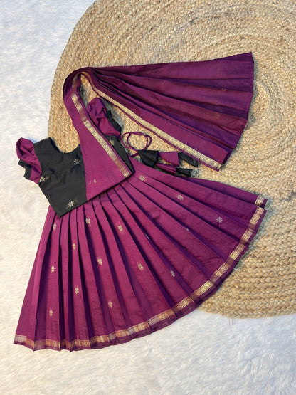 Purple & Black Maheshwari Silk Cotton Half Saree Set with Attached Dupatta | CPM0614 | Ready to dispatch