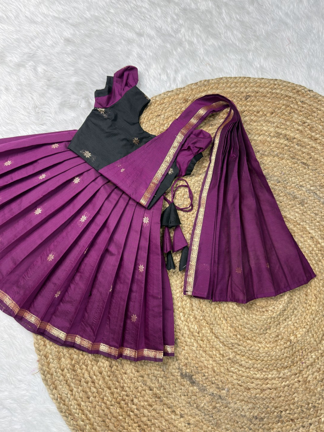Purple & Black Maheshwari Silk Cotton Half Saree Set with Attached Dupatta | CPM0614 | Ready to dispatch