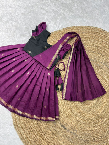 Purple & Black Maheshwari Silk Cotton Half Saree Set with Attached Dupatta | CPM0614 | Ready to dispatch