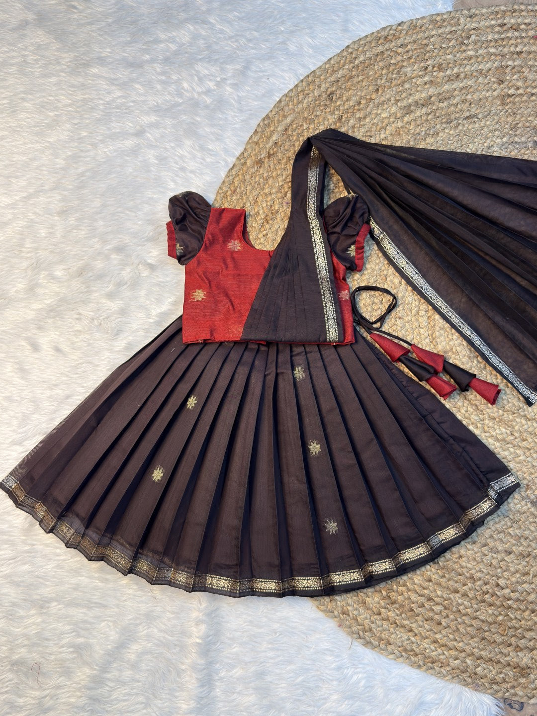 Coffee Brown & Maroon Maheshwari Silk Cotton Half Saree Set with Attached Dupatta | CPM0615 | Ready to dispatch
