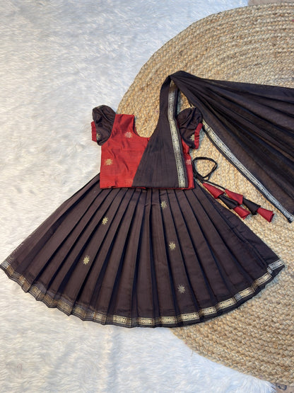 Coffee Brown & Maroon Maheshwari Silk Cotton Half Saree Set with Attached Dupatta | CPM0615 | Ready to dispatch