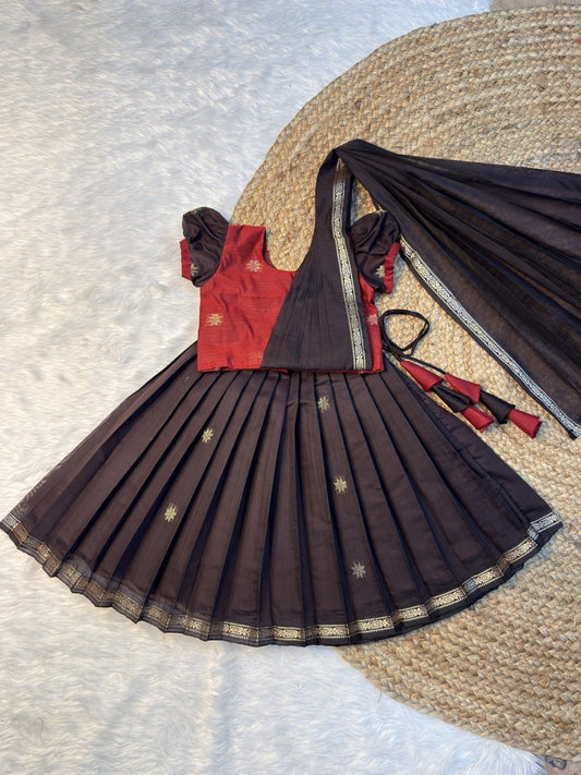 Coffee Brown & Maroon Maheshwari Silk Cotton Half Saree Set with Attached Dupatta | CPM0615 | Ready to dispatch