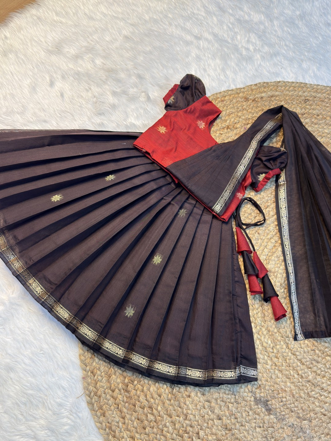 Coffee Brown & Maroon Maheshwari Silk Cotton Half Saree Set with Attached Dupatta | CPM0615 | Ready to dispatch