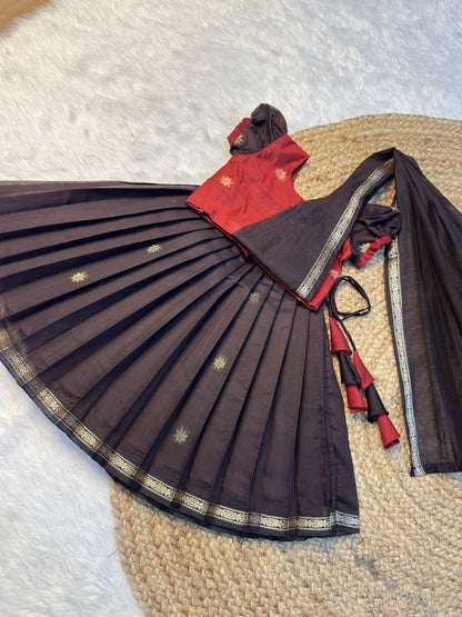 Coffee Brown & Maroon Maheshwari Silk Cotton Half Saree Set with Attached Dupatta | CPM0615 | Ready to dispatch