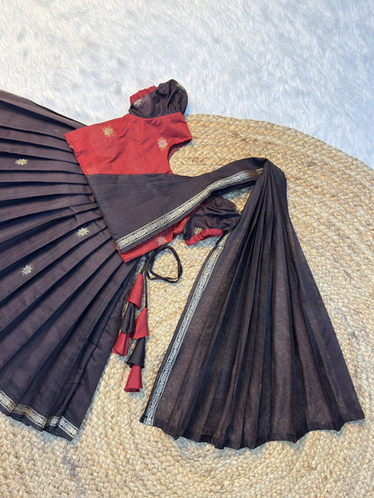 Coffee Brown & Maroon Maheshwari Silk Cotton Half Saree Set with Attached Dupatta | CPM0615 | Ready to dispatch