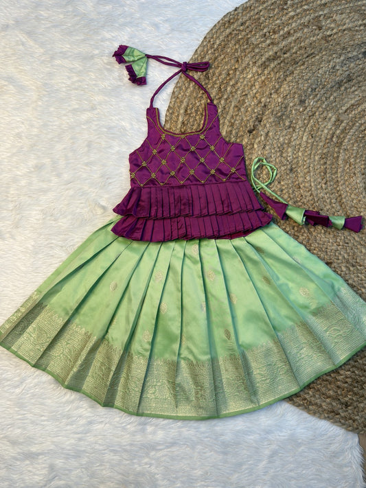 Magenta & Pastel Green Soft Banarasi Silk Halter Neck Top & Skirt | CPM0616