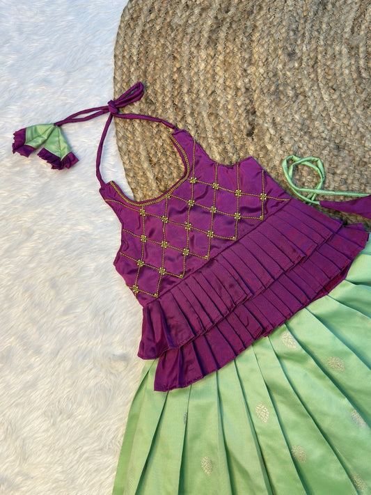 Magenta & Pastel Green Soft Banarasi Silk Halter Neck Top & Skirt | CPM0616