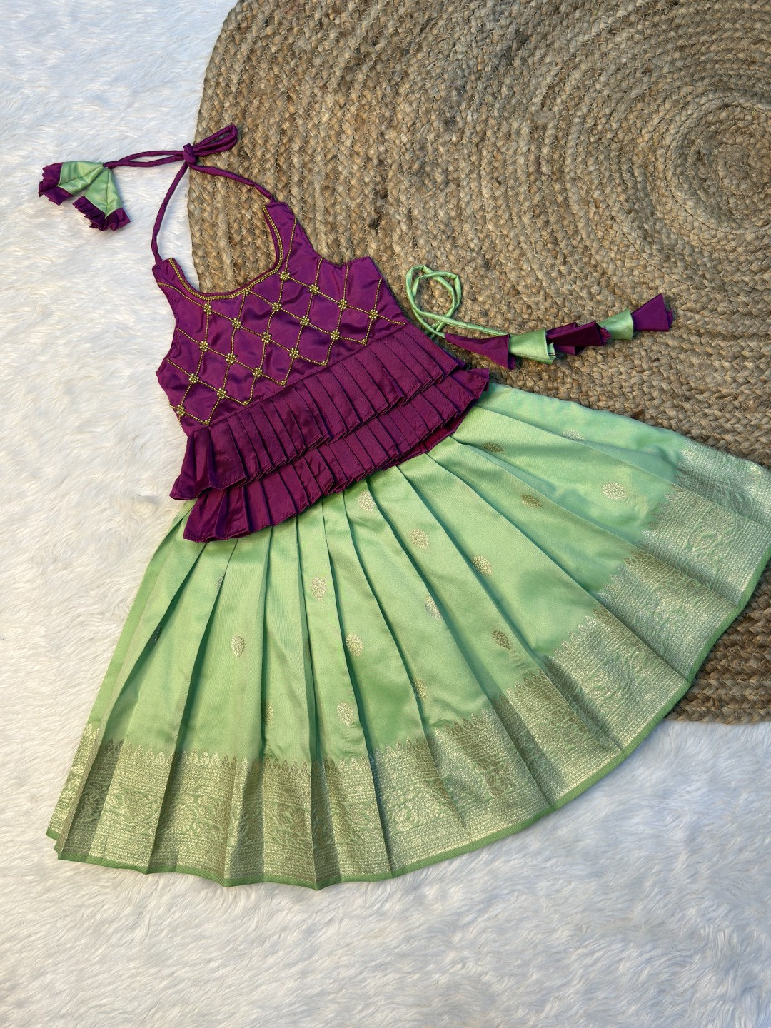 Magenta & Pastel Green Soft Banarasi Silk Halter Neck Top & Skirt | CPM0616