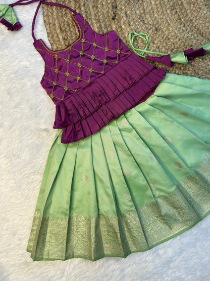 Magenta & Pastel Green Soft Banarasi Silk Halter Neck Top & Skirt | CPM0616