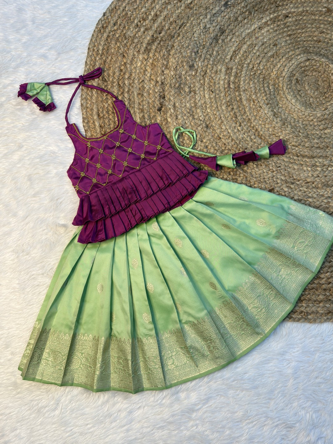 Magenta & Pastel Green Soft Banarasi Silk Halter Neck Top & Skirt | CPM0616
