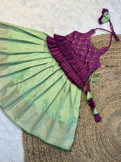 Magenta & Pastel Green Soft Banarasi Silk Halter Neck Top & Skirt | CPM0616