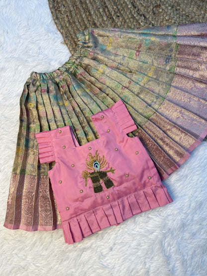 Pastel Tissue Silk Krishna Flute Aari Work Pattu Pavadai | CPM0617