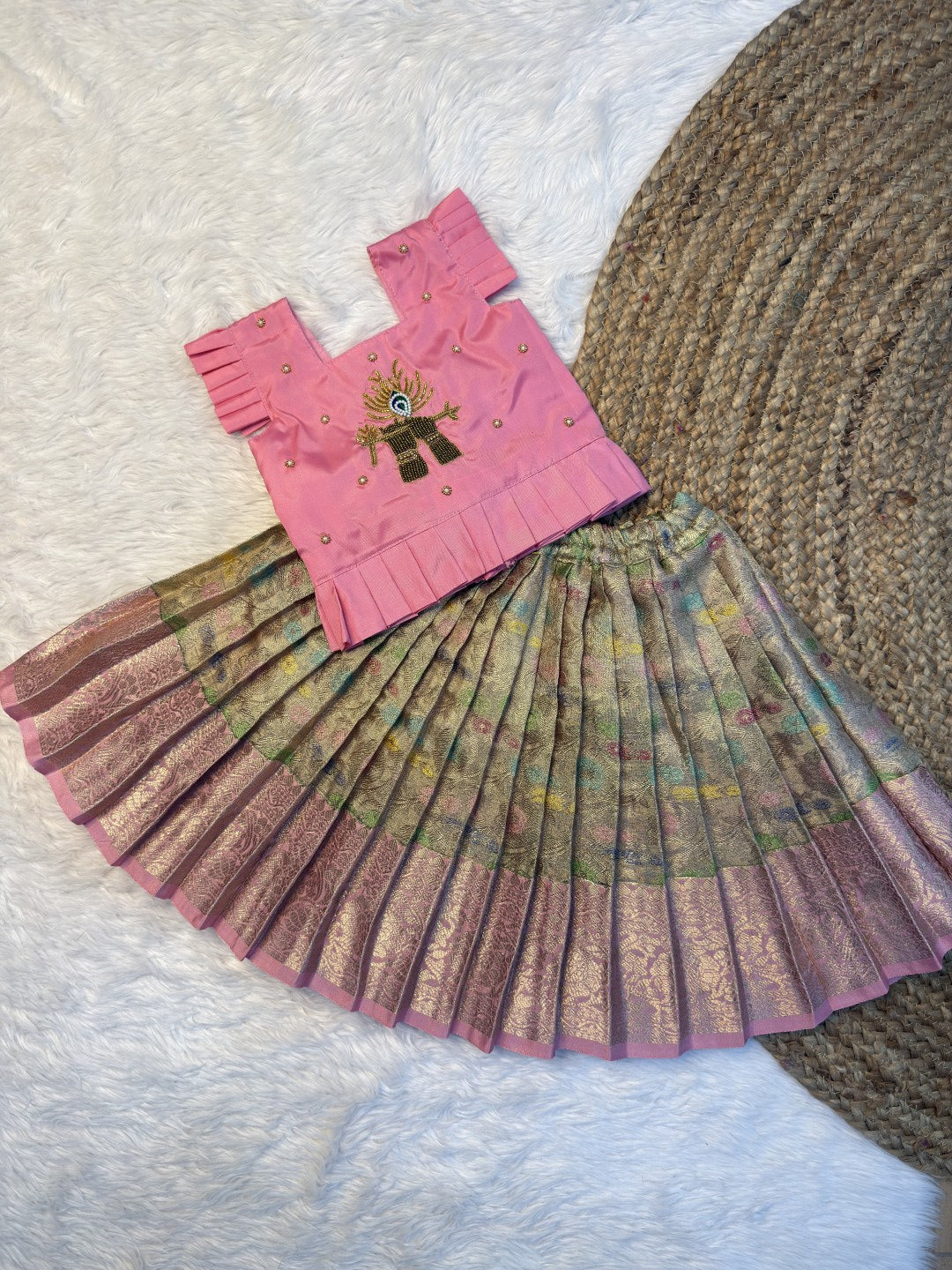 Pastel Tissue Silk Krishna Flute Aari Work Pattu Pavadai | CPM0617