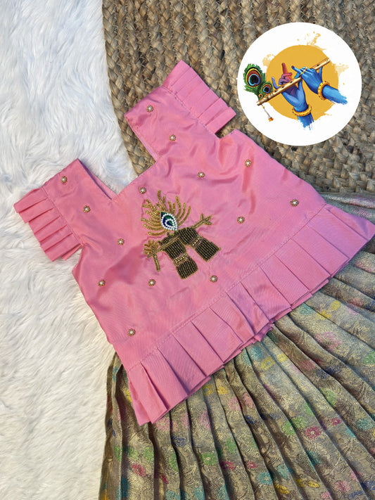 Pastel Tissue Silk Krishna Flute Aari Work Pattu Pavadai | CPM0617