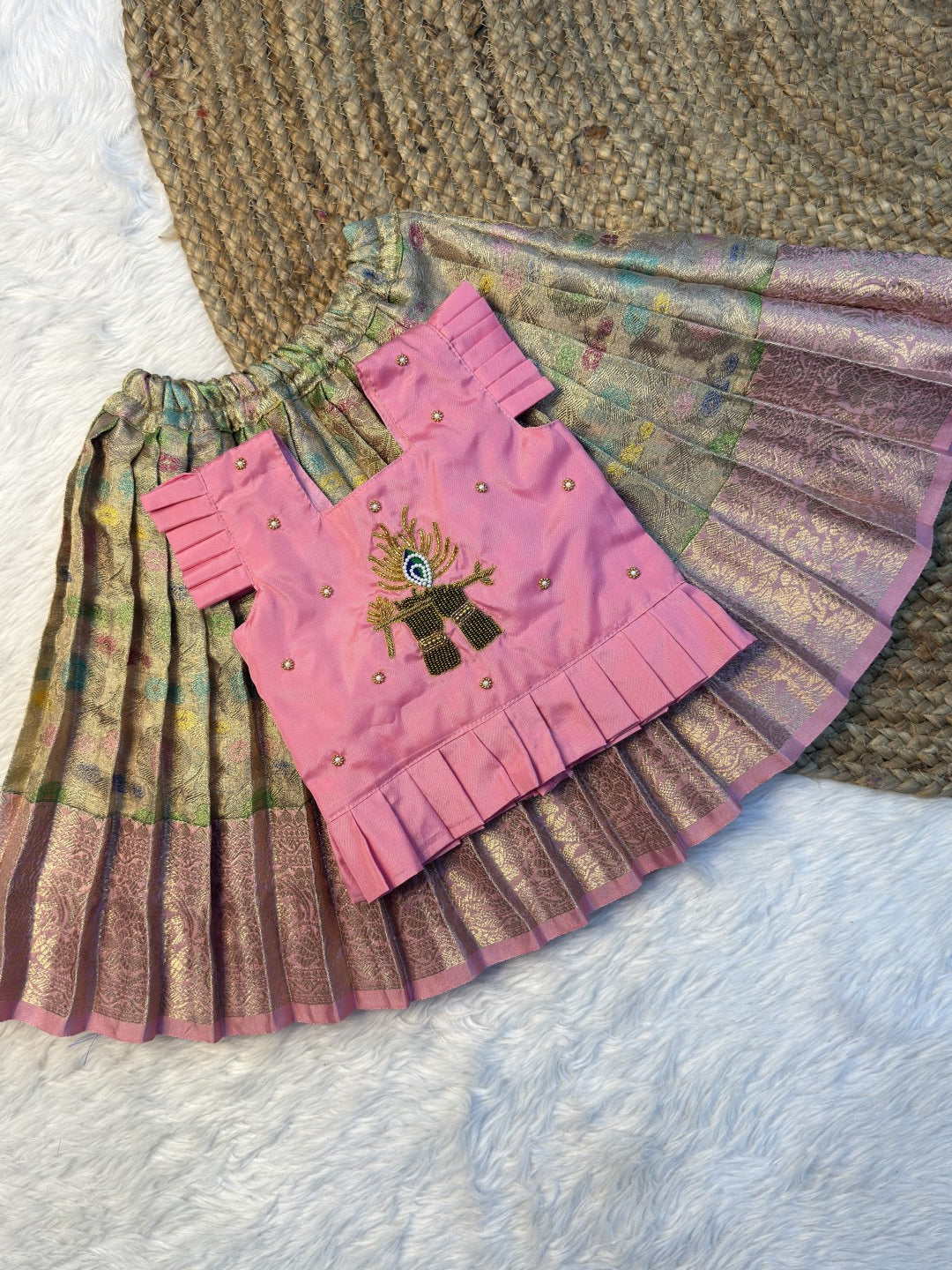 Pastel Tissue Silk Krishna Flute Aari Work Pattu Pavadai | CPM0617