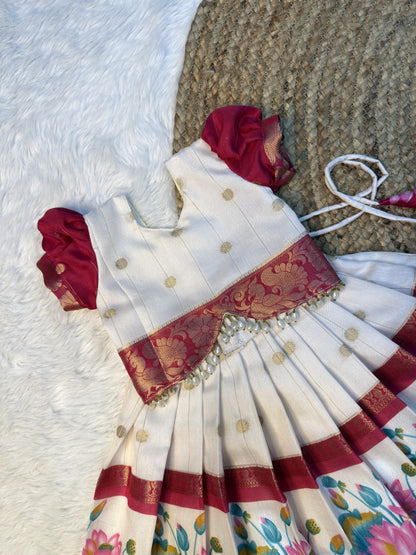 White & Pink Dola Silk Top & Skirt Set | CPM0618