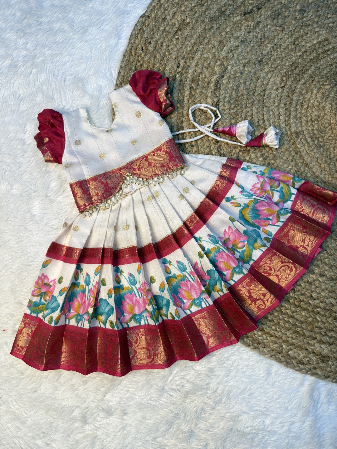 White & Pink Dola Silk Top & Skirt Set | CPM0618