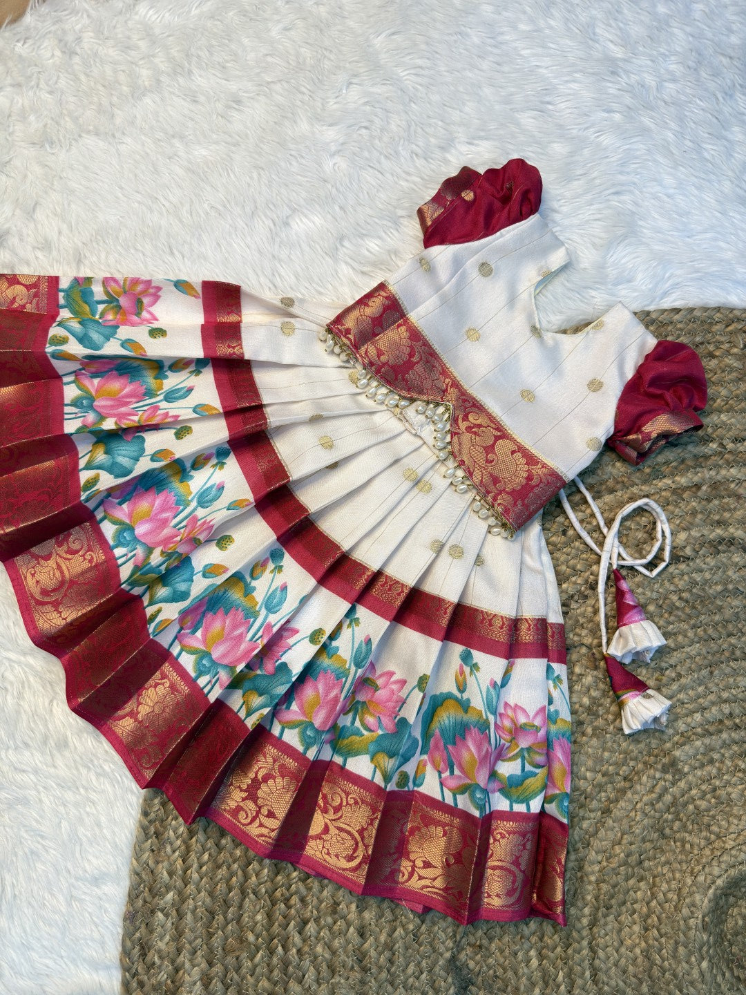 White & Pink Dola Silk Top & Skirt Set | CPM0618
