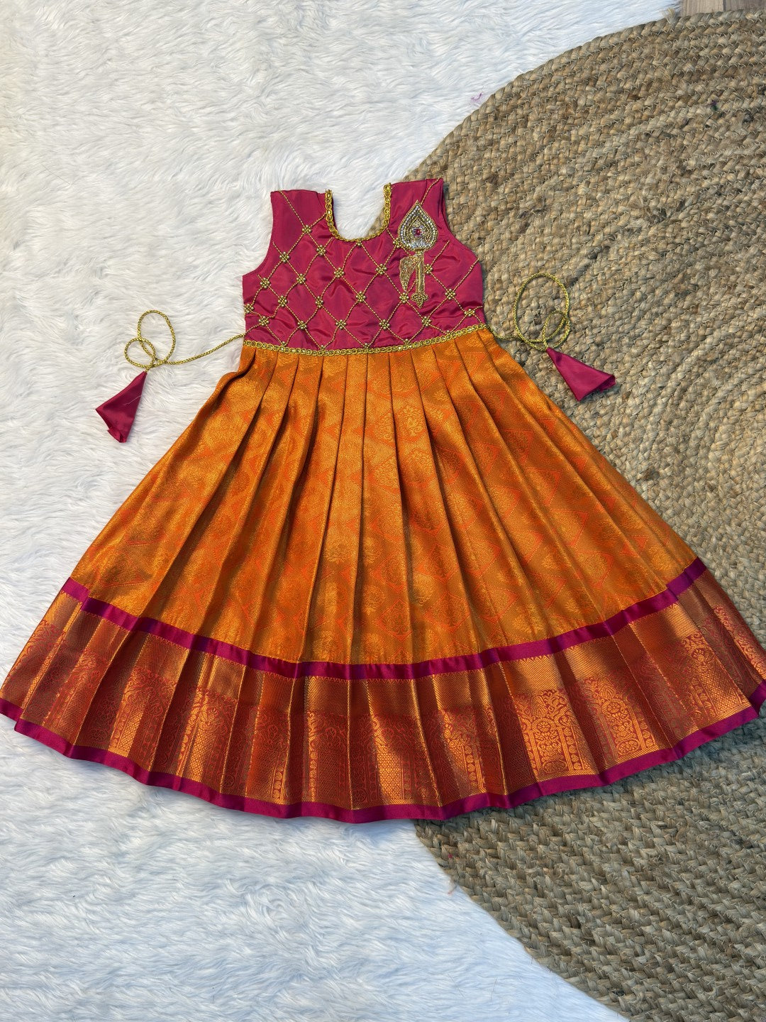 Orange & Dark Pink Pure Kanchi Silk Vel Motif Aari Work Pattu Pavadai | CPM0619