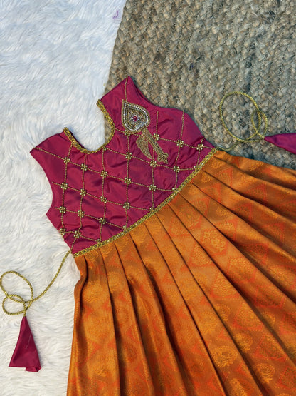 Orange & Dark Pink Pure Kanchi Silk Vel Motif Aari Work Pattu Pavadai | CPM0619