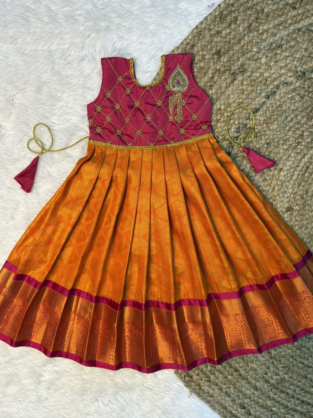 Orange & Dark Pink Pure Kanchi Silk Vel Motif Aari Work Pattu Pavadai | CPM0619