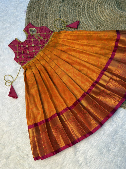 Orange & Dark Pink Pure Kanchi Silk Vel Motif Aari Work Pattu Pavadai | CPM0619