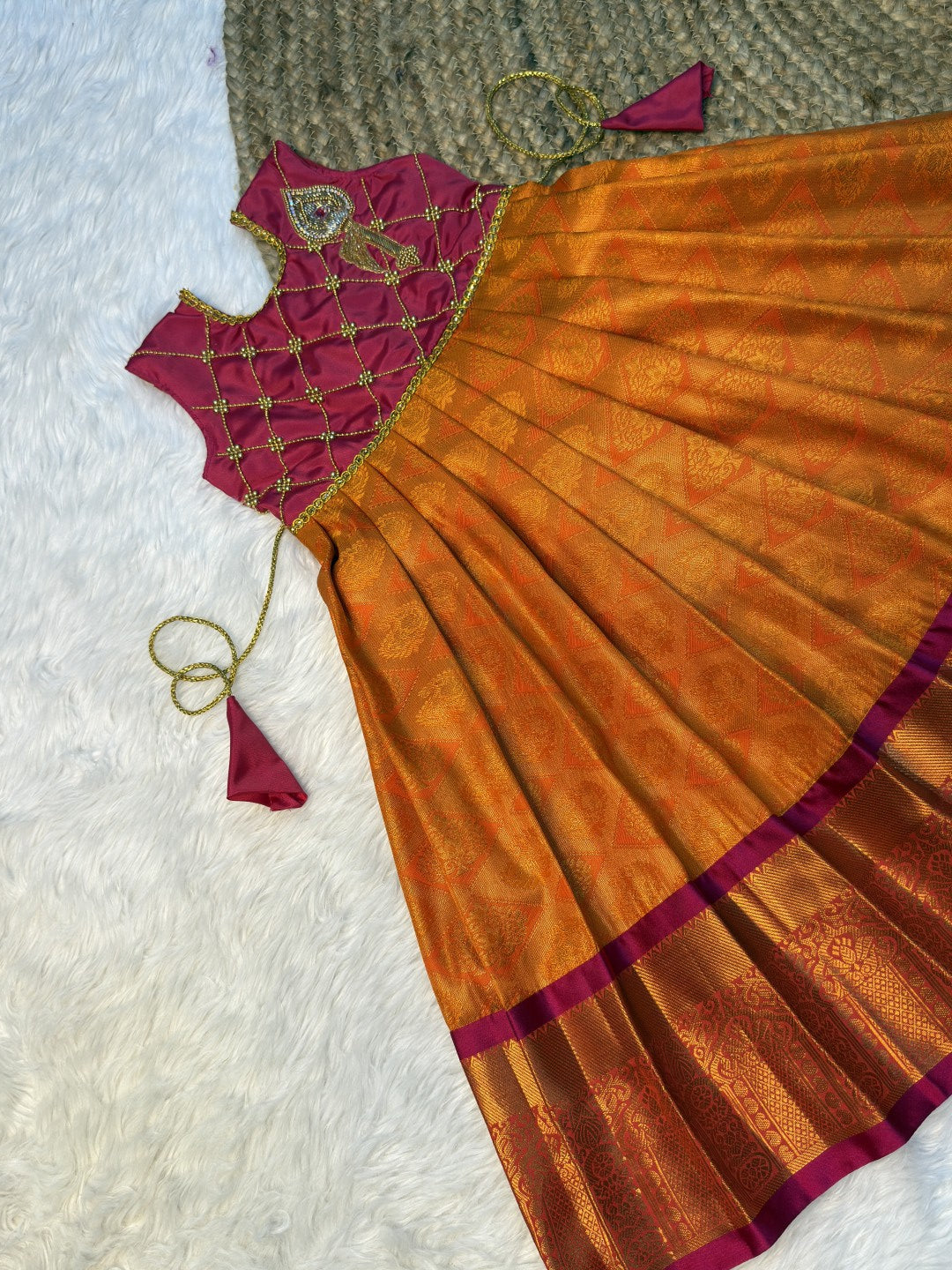 Orange & Dark Pink Pure Kanchi Silk Vel Motif Aari Work Pattu Pavadai | CPM0619