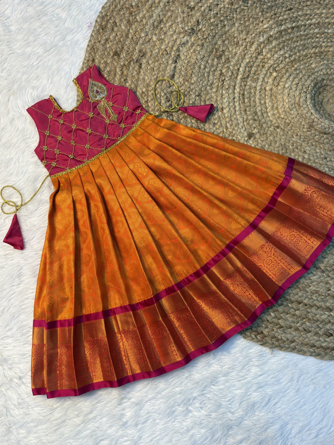 Orange & Dark Pink Pure Kanchi Silk Vel Motif Aari Work Pattu Pavadai | CPM0619