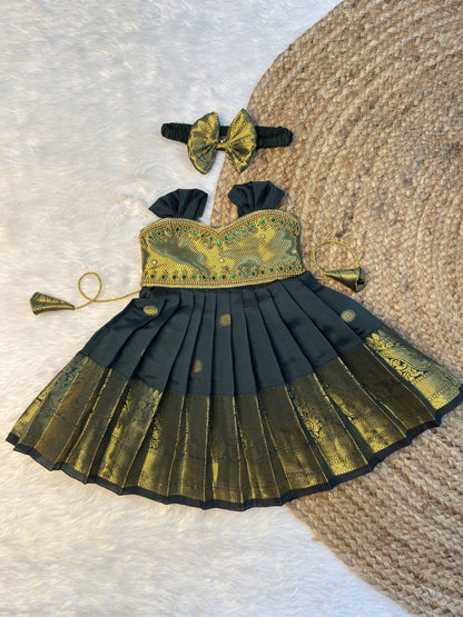 Bottle Green Banarasi Silk Aari Pattu Gown | CPM0620