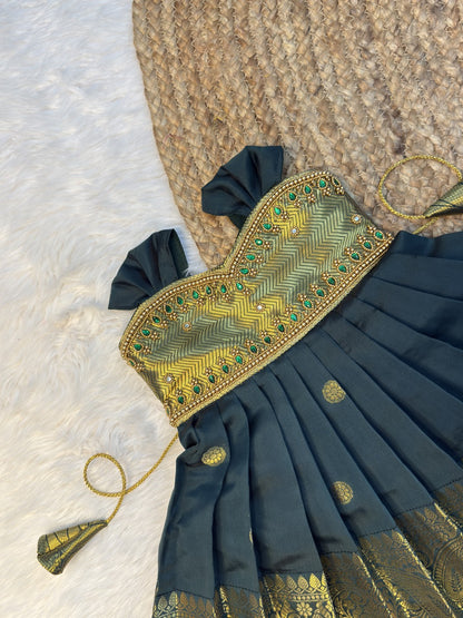 Bottle Green Banarasi Silk Aari Pattu Gown | CPM0620