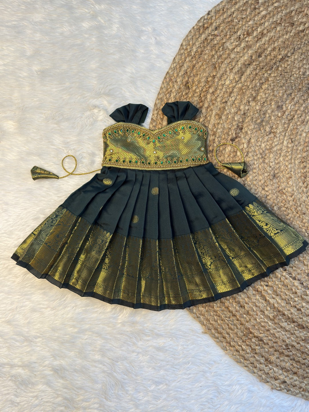 Bottle Green Banarasi Silk Aari Pattu Gown | CPM0620