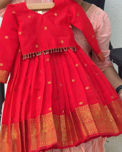 Red Soft Banarasi Silk Full Sleeve Top & Skirt Set | CPM0622