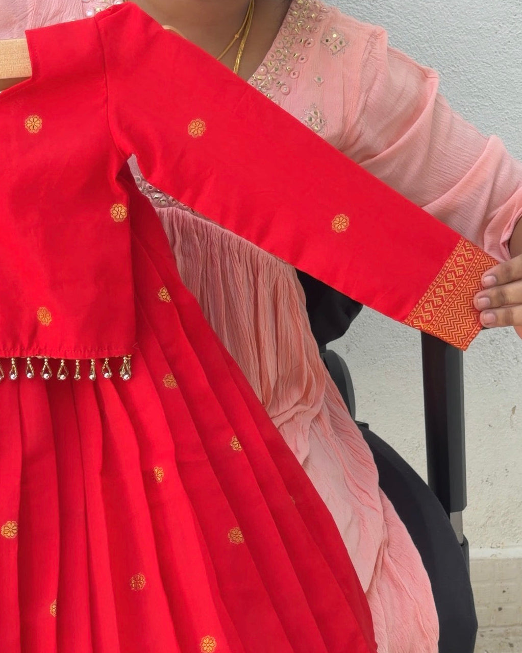 Red Soft Banarasi Silk Full Sleeve Top & Skirt Set | CPM0622