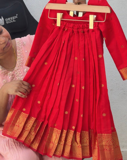 Red Soft Banarasi Silk Full Sleeve Top & Skirt Set | CPM0622