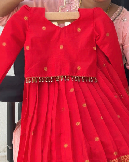 Red Soft Banarasi Silk Full Sleeve Top & Skirt Set | CPM0622