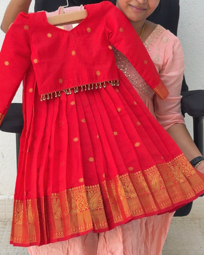 Red Soft Banarasi Silk Full Sleeve Top & Skirt Set | CPM0622
