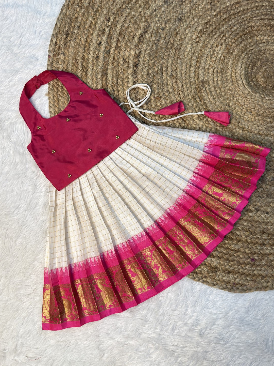 White & Pink Halter Neck Velvet Top & Kanchi Soft Silk Skirt | CPM0623