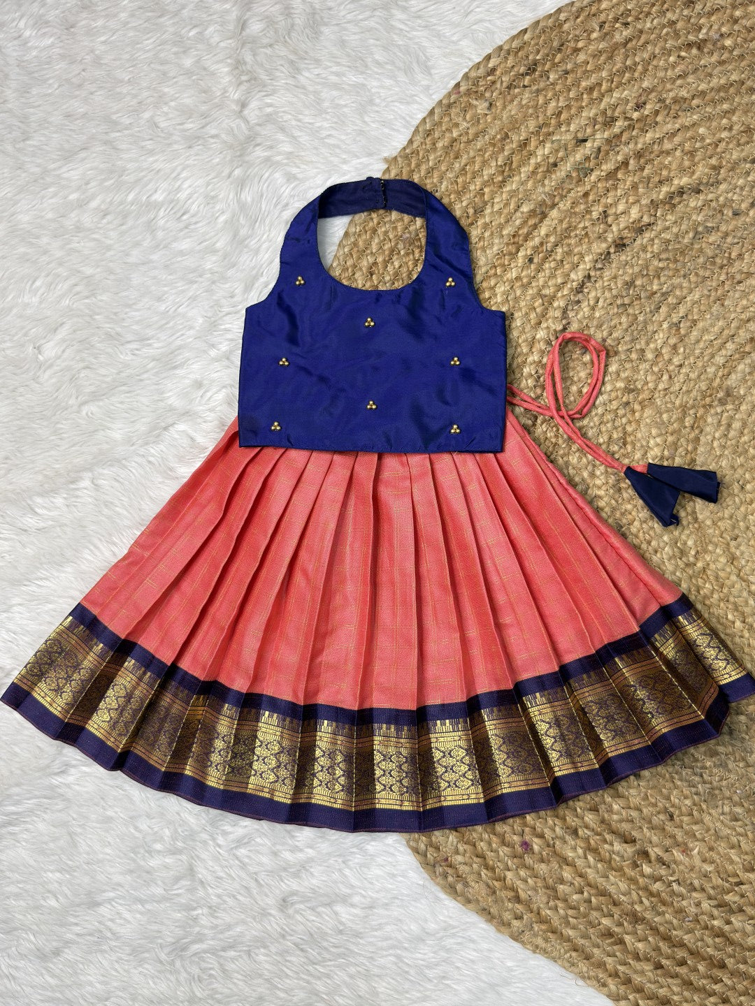 Kanakambaram & Blue Halter Neck Velvet Top & Kanchi Soft Silk Skirt | CPM0624