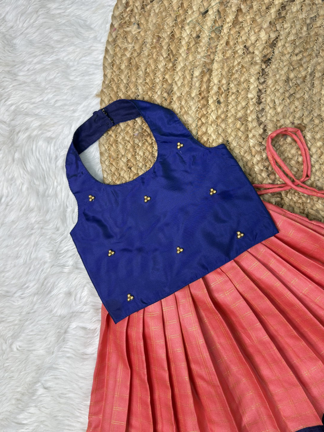 Kanakambaram & Blue Halter Neck Velvet Top & Kanchi Soft Silk Skirt | CPM0624