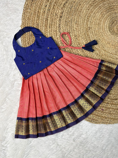 Kanakambaram & Blue Halter Neck Velvet Top & Kanchi Soft Silk Skirt | CPM0624