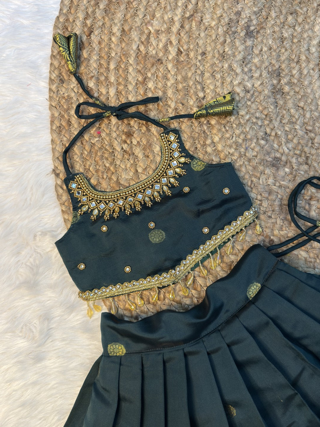 Green Soft Banarasi Silk Aari Work Top & Skirt Set | CPM0629