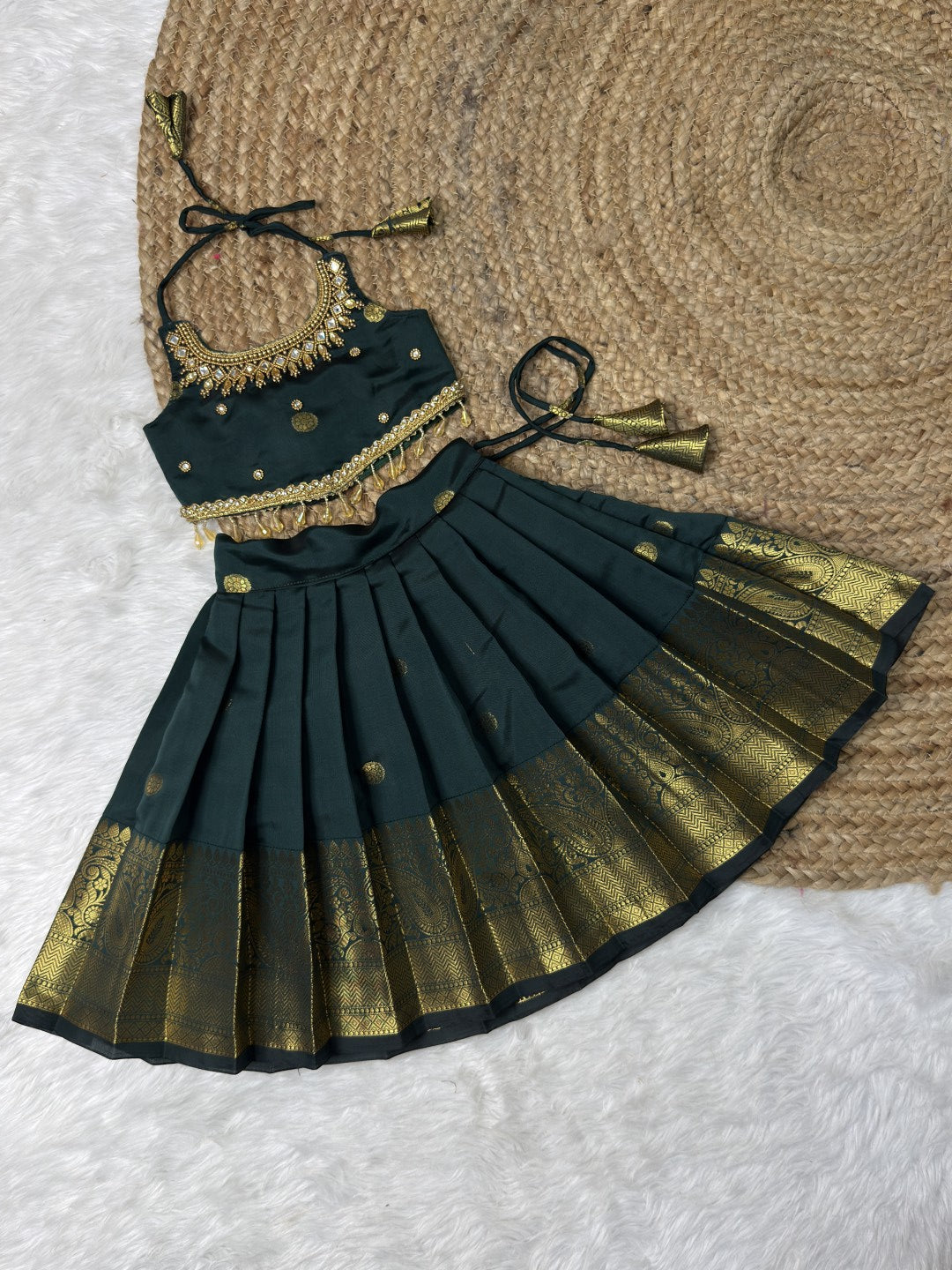 Green Soft Banarasi Silk Aari Work Top & Skirt Set | CPM0629