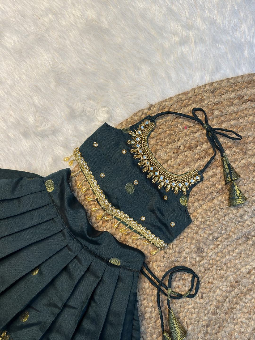 Green Soft Banarasi Silk Aari Work Top & Skirt Set | CPM0629