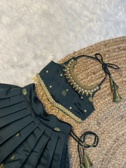 Green Soft Banarasi Silk Aari Work Top & Skirt Set | CPM0629