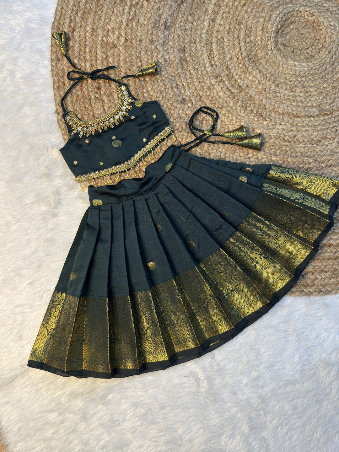 Green Soft Banarasi Silk Aari Work Top & Skirt Set | CPM0629